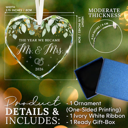 HEXMOZ Wedding Gifts for Couples 2026 - Mr and Mrs Gifts - Bridal Shower Gift, Wedding Ideas for Newly Wed, Bride, Future Mr Mrs - Just Married Glass Ornament 2026, 1st Married Couple Christmas Decor