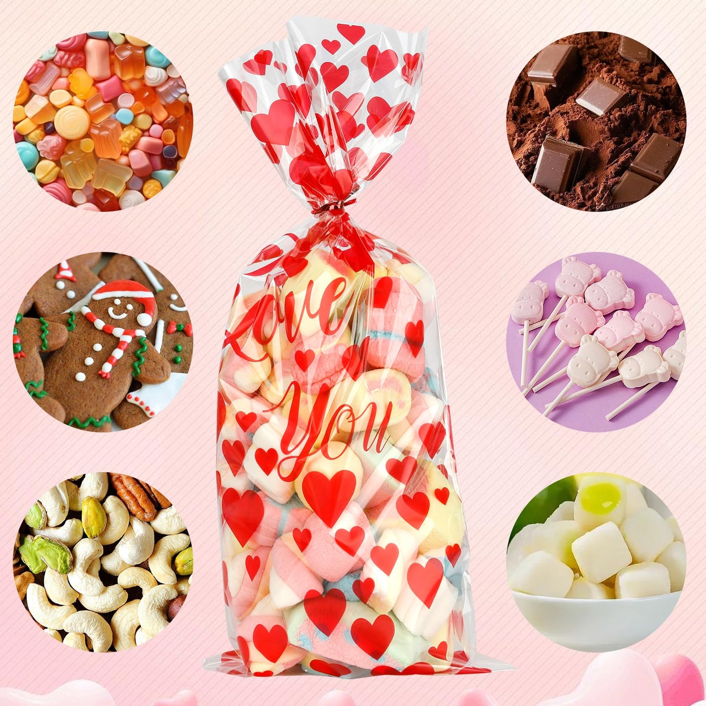 Valentine Treat Bags, 100 Pcs Valentines Cellophane Bags, Plastic Clear Red Valentine Candy Cookie Gift Goodie Snack Bag with 100 Pcs Twist Ties for Valentines Wedding Party Favor Supplies, 5 Styles