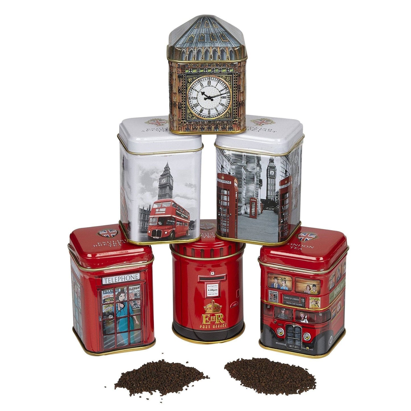 New English Teas Best of British Tea Collection - 6 Iconic London Tins Gift Set (Bus, Big Ben, Phone Box, Post Box) - 4.7oz Loose Leaf English Tea