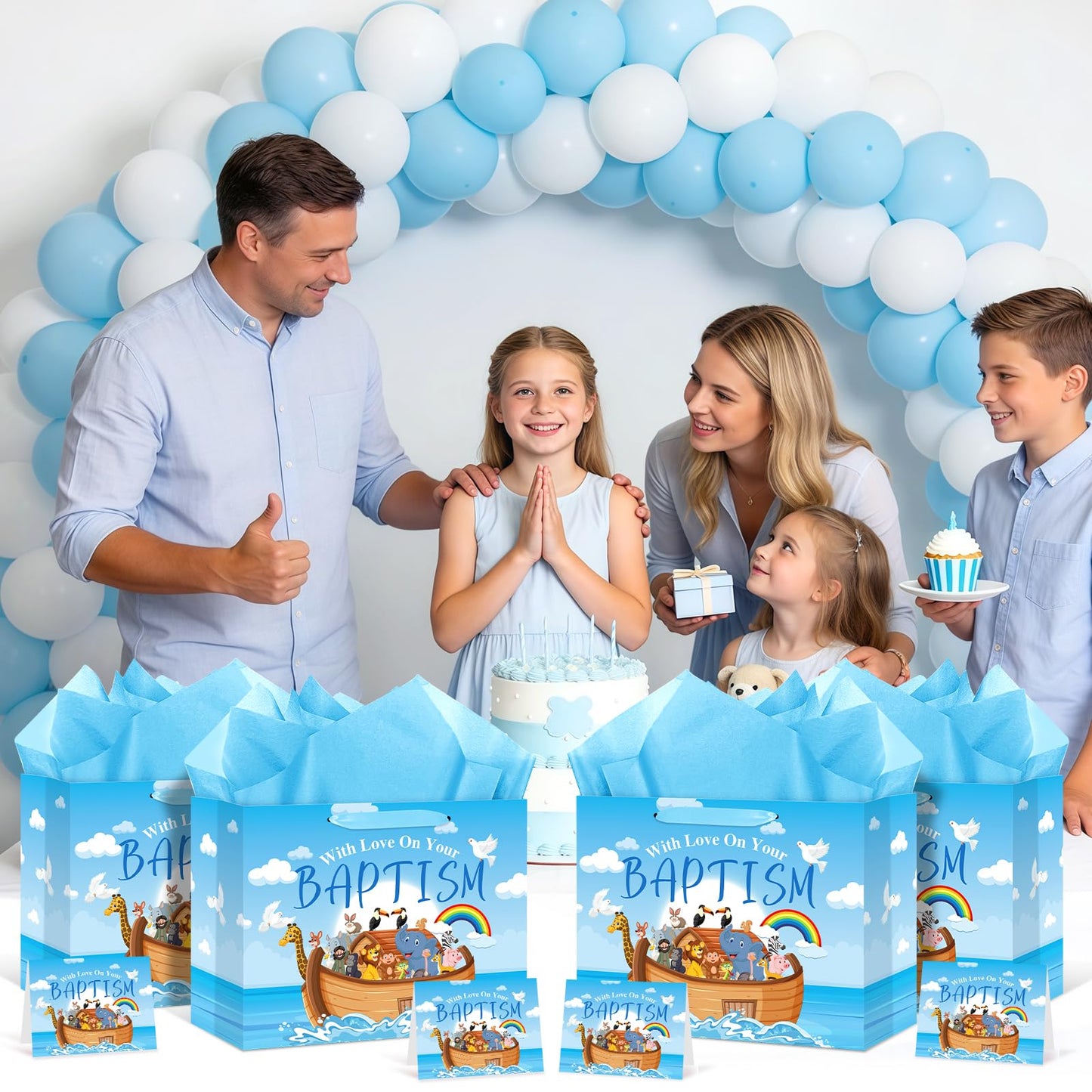Neptniopllab Large Baptism Gift Bags for Boys,Blue Religious Christian Birthday Gift Bag with Greeting Card and Tissue Paper for Baby Boy First Communions Baptism Christenings (Baptism)