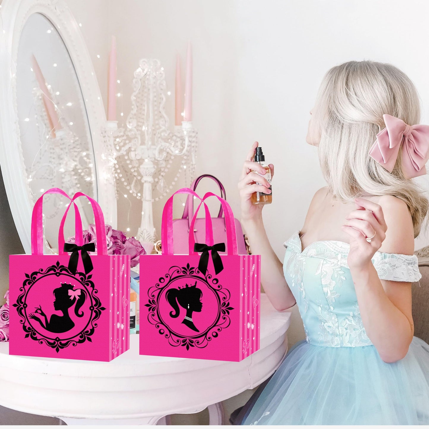 C L cooper life 12pcs Hot Pink Girl Party Gift Treat Bags with Handles Pink Girl Grocery Shopping Bag Princess Theme Non-Woven Bags for Girls Birthday Party Ladies Bachelorette Party Supplies