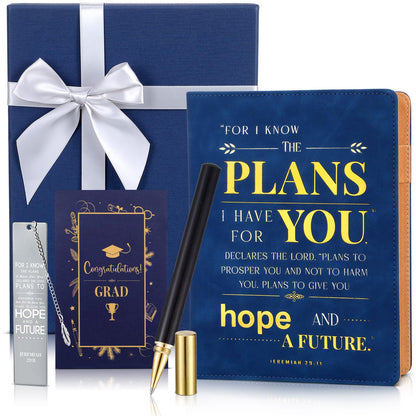 ReliThick 2026 Congrats Grad Gift Basket for Her Him Christian Leather Journal Notebook Metal Bible Bookmark Signature Pen Graduation Card for Class of 2026 Congratulations Gift(Blue Box,for I Know)