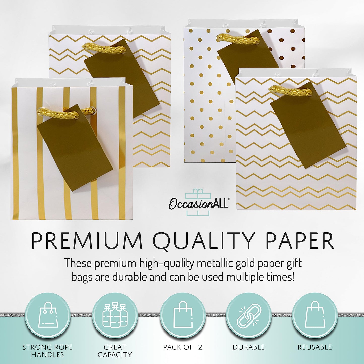 OccasionALL Tiny Gold Gift Bags, Mini Paper Gift Bags with Handles for Gift Cards, Wedding Showers, Party Favors, Events, Goodie Bags, Retail Shopping, Bulk, 4x2.75x4.5, 12 Pack
