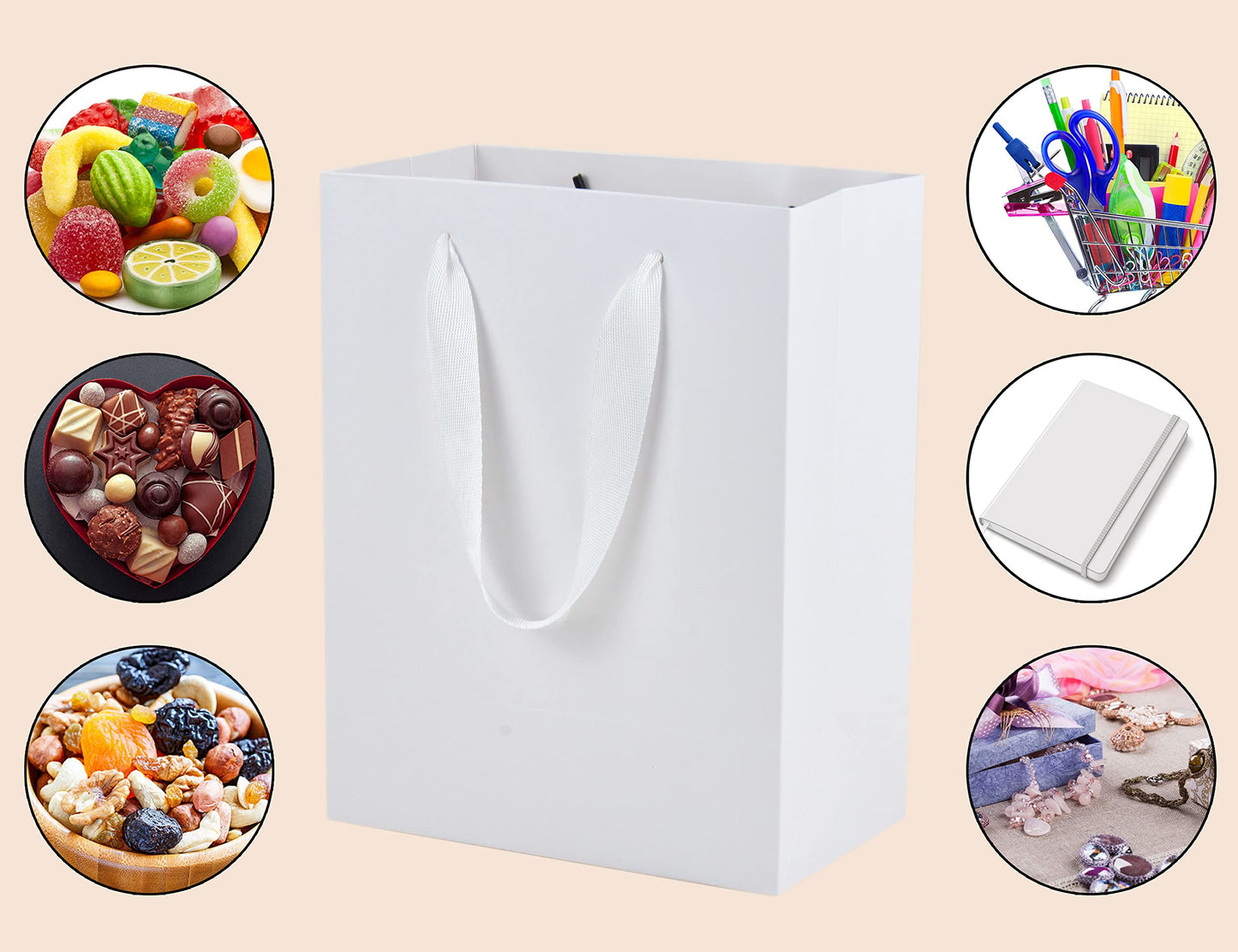 HUAPRINT White Paper Bags - Small Gift Bags with Handles, 20 Pack, 7x4x9inch, Retail & Party Favor Bags, Wedding Bags