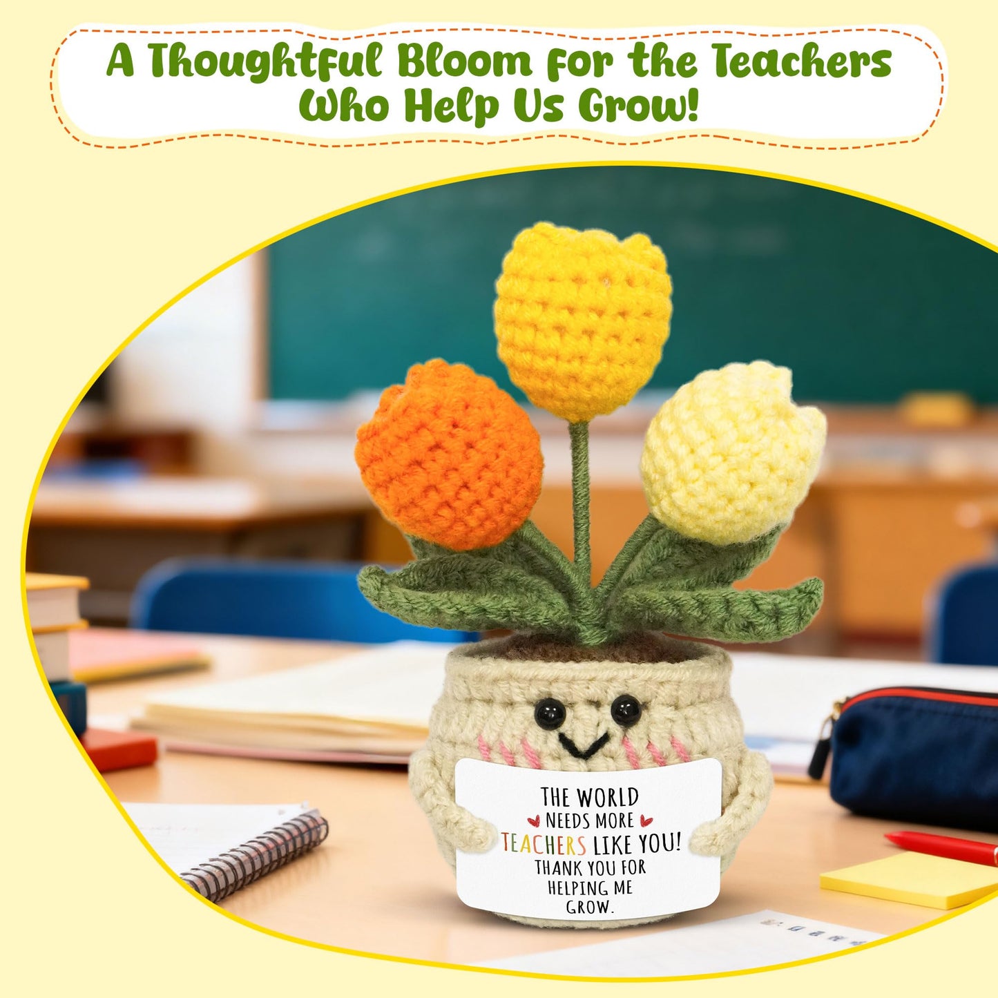 OASSIE Teacher Appreciation Gifts for Women Men - Handmade Positive Tulip Crochet Flowers - Teachers Day Graduation Birthday Thank You Appreciation School Retirement Gifts for Teachers from Student