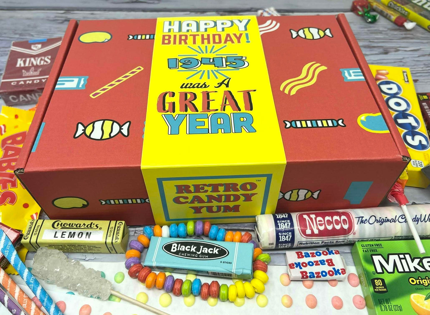 RETRO CANDY YUM ~ 81st Birthday Nostalgic Candy Gift Basket Box Assortment from Childhood Memories for Woman or Man Born 1945 jr