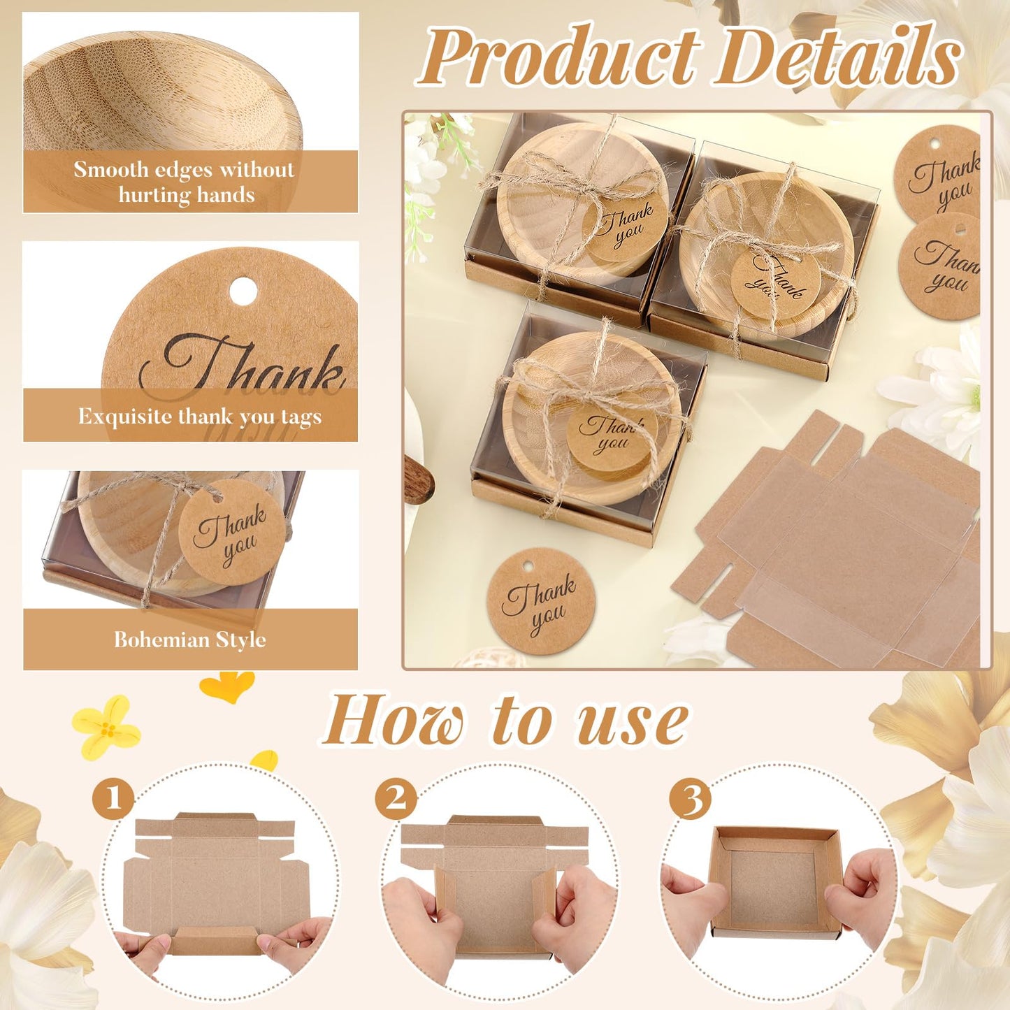 Honeydak 10 Sets Bamboo Small Wooden Bowls, Wedding Favors for Guests Bulk with Kraft Gift Box Thank You Card, Bridal Shower Souvenirs Bachelorette Baby Shower Birthday Party Return Gifts