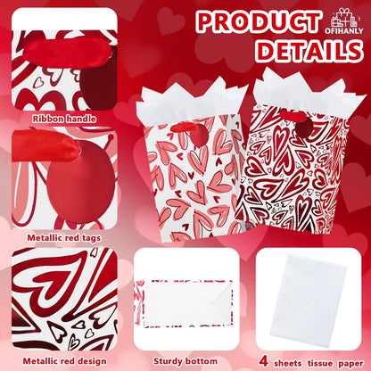 OFIHANLY 2 Pack 12.6" Medium Size Happy Valentine's Day Gift Bags with Handles for Women Her Red Heart Paper Gift Wrap Bags with Tissue Paper for Kids