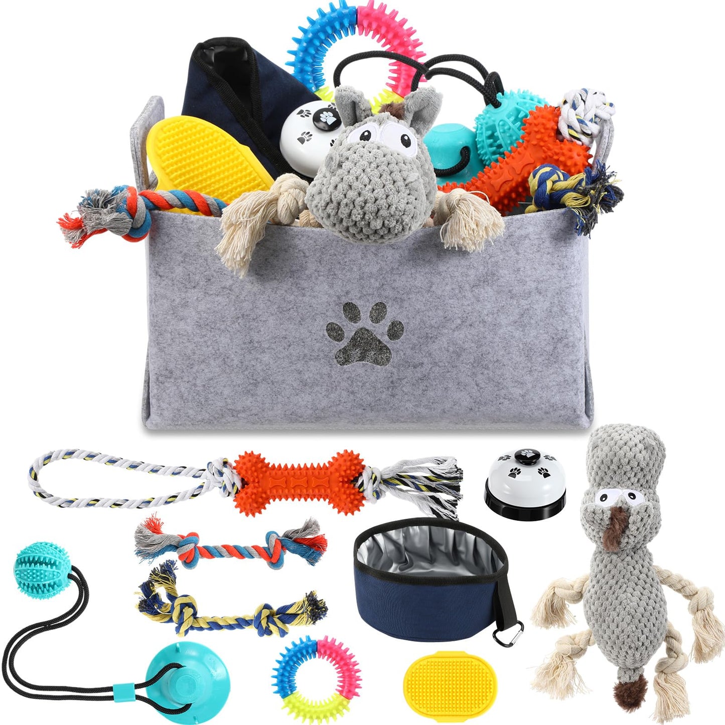 Zopeal New Puppy Gift Basket Dog Toy Pet Accessories Portable Travel Bowl, Grooming Brush, Squeaky Toy, Suction Cup Feeder, Chew Ropes, for Dog Birthday Gifts Puppy Necessities