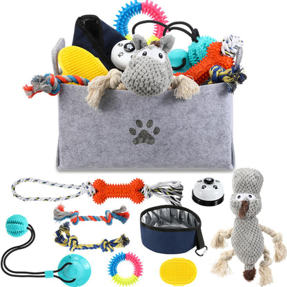 Zopeal New Puppy Gift Basket Dog Toy Pet Accessories Portable Travel Bowl, Grooming Brush, Squeaky Toy, Suction Cup Feeder, Chew Ropes, for Dog Birthday Gifts Puppy Necessities