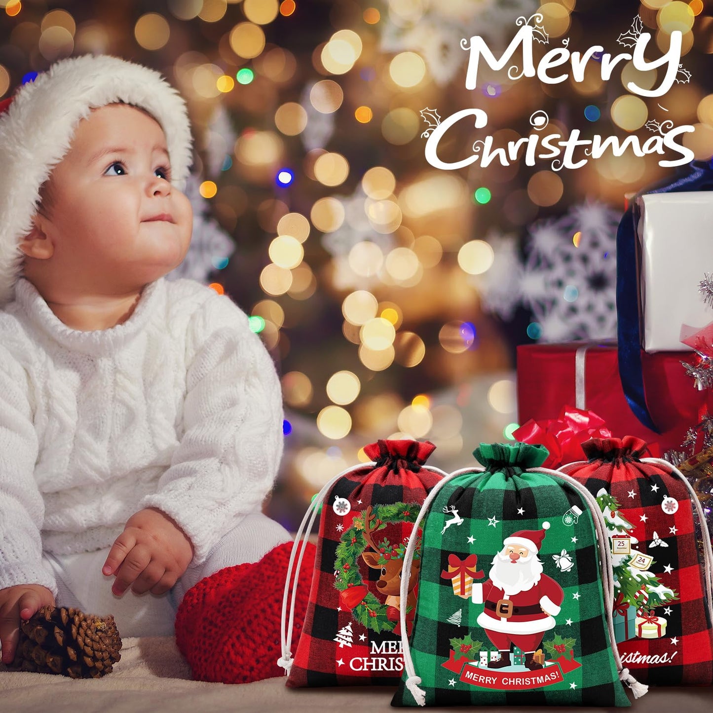 FLOE 24Pcs Burlap Christmas Drawstring Bags, 6x8in Buffalo Plaid Xmas Gift Bags w/Tag Xmas Candy Bag Small Christmas Linen Treat Goody Gift Sacks Reusable Gifts Wrapping Bag Holiday Party Favors Sack