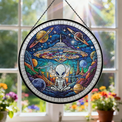 Alien Spaceship Stained Glass Window Hanging, 7.9" UFO Sun Catcher Glass Panel Boho Wall Art Decor, Hand Painted Round Ornament for Friends, Art Lover, Astronomer