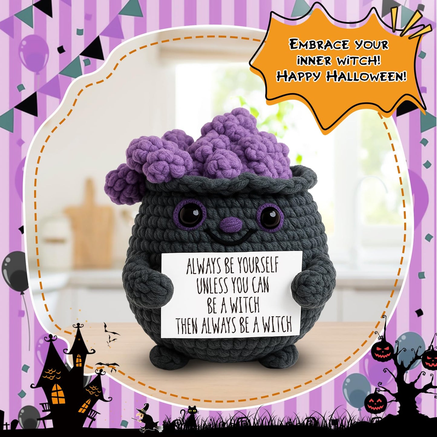 Cute Witch Cauldron Crochet Plush with Positive Affirmation Card - Unique Spooky Witchy Birthday Gifts for Women, Perfect Witchcore Halloween Boo Basket Stuffers - Seasonal Home & Office Decoration