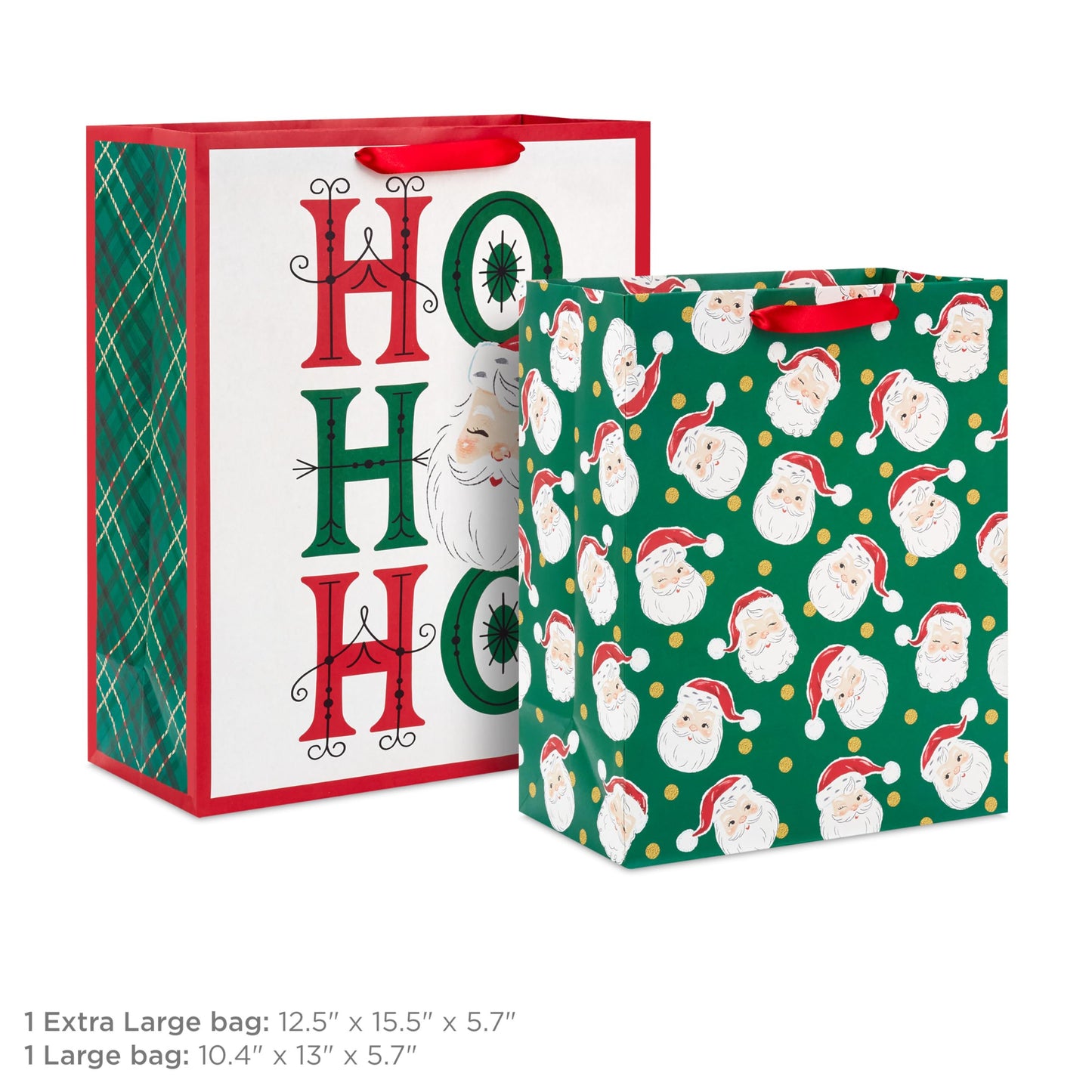 Hallmark Retro Christmas Gift Bag Bundle for Kids (2 Bags: 13" Large, 15" Extra Large) Vintage Santa, Ho Ho Ho, Green, Red and White