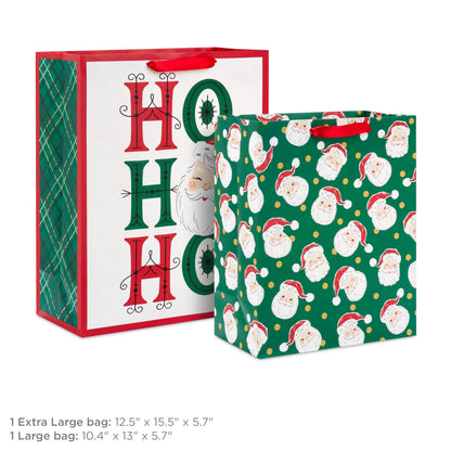 Hallmark Retro Christmas Gift Bag Bundle for Kids (2 Bags: 13" Large, 15" Extra Large) Vintage Santa, Ho Ho Ho, Green, Red and White
