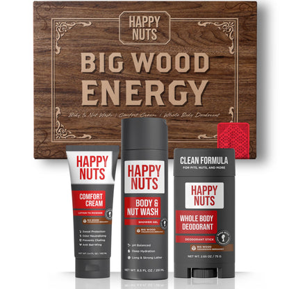 HAPPY NUTS Mens Gift Hygiene Kit - Big Wood Energy Box Men's Gift - Whole Body Deodorant, Moisturizing Body Wash, Anti-Chafing Comfort Cream - Body & Shower Gift Set Self Care For His Total Package