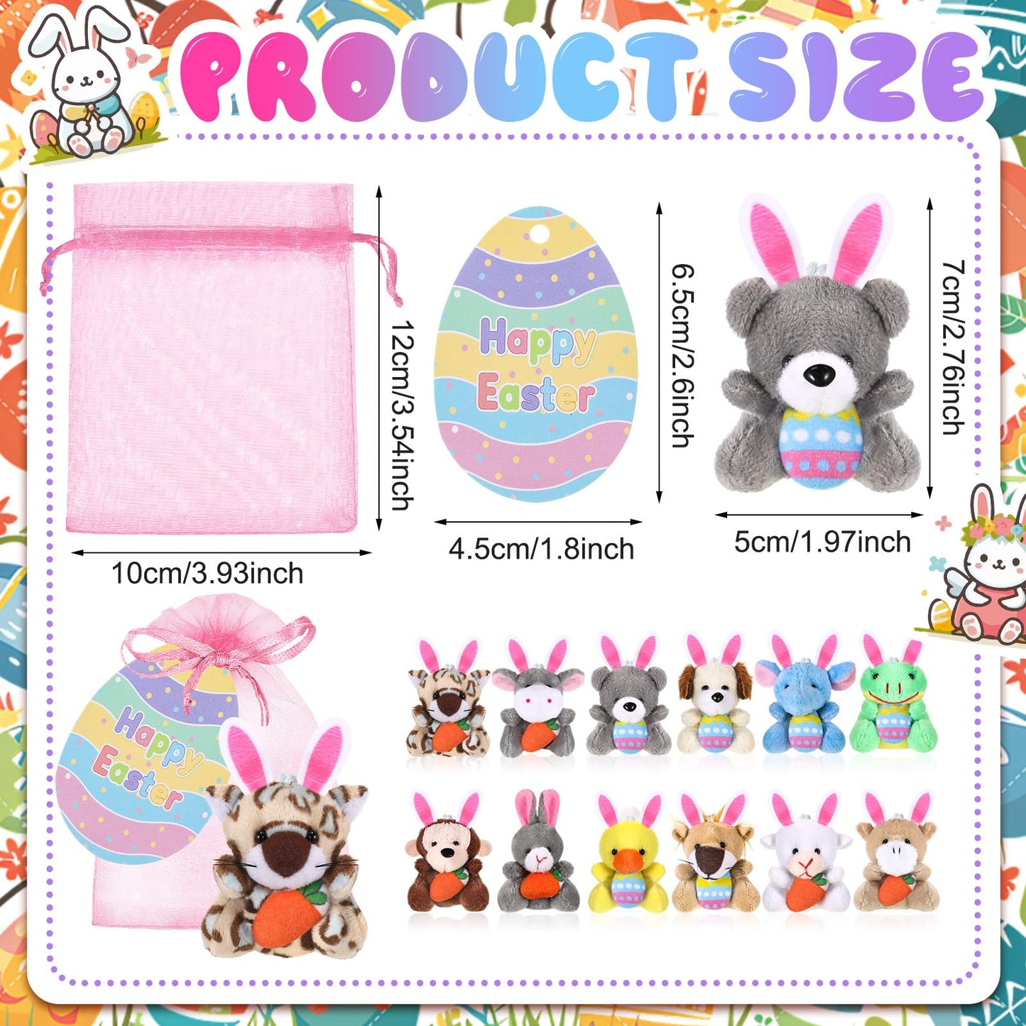 Wiwiqing 36 Pcs/12 Set Easter Mini Stuffed Animals Gift Set 12 Plush Animal Keychains 12 Cards 12 Bags for Easter Egg Hunt Fillers Basket Stuffers Classroom Exchange Gifts Party Favors