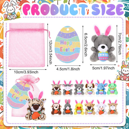 Wiwiqing 36 Pcs/12 Set Easter Mini Stuffed Animals Gift Set 12 Plush Animal Keychains 12 Cards 12 Bags for Easter Egg Hunt Fillers Basket Stuffers Classroom Exchange Gifts Party Favors