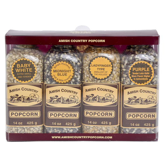 Amish Country Popcorn | Popcorn Kernel Variety Set | 4-14 oz Bottles | Baby White, Midnight Blue, Ladyfinger, Purple Popcorn Kernels | Old Fashioned, Non-GMO and Gluten Free (4-14 oz Bottles)