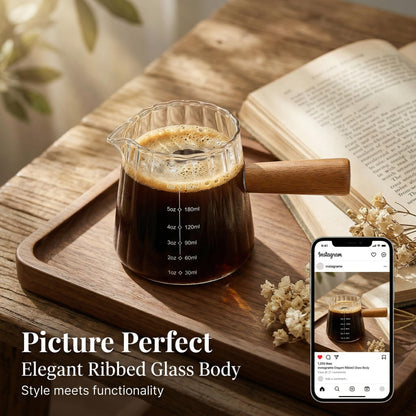 6 oz Espresso Cups With Wood Handle, Espresso Accessories, Ribbed Milk Frothing Pitcher, Glass Measuring Cup, Shot Glass with V-Shaped Mouth, Coffee Bar Epresso Shots Cup