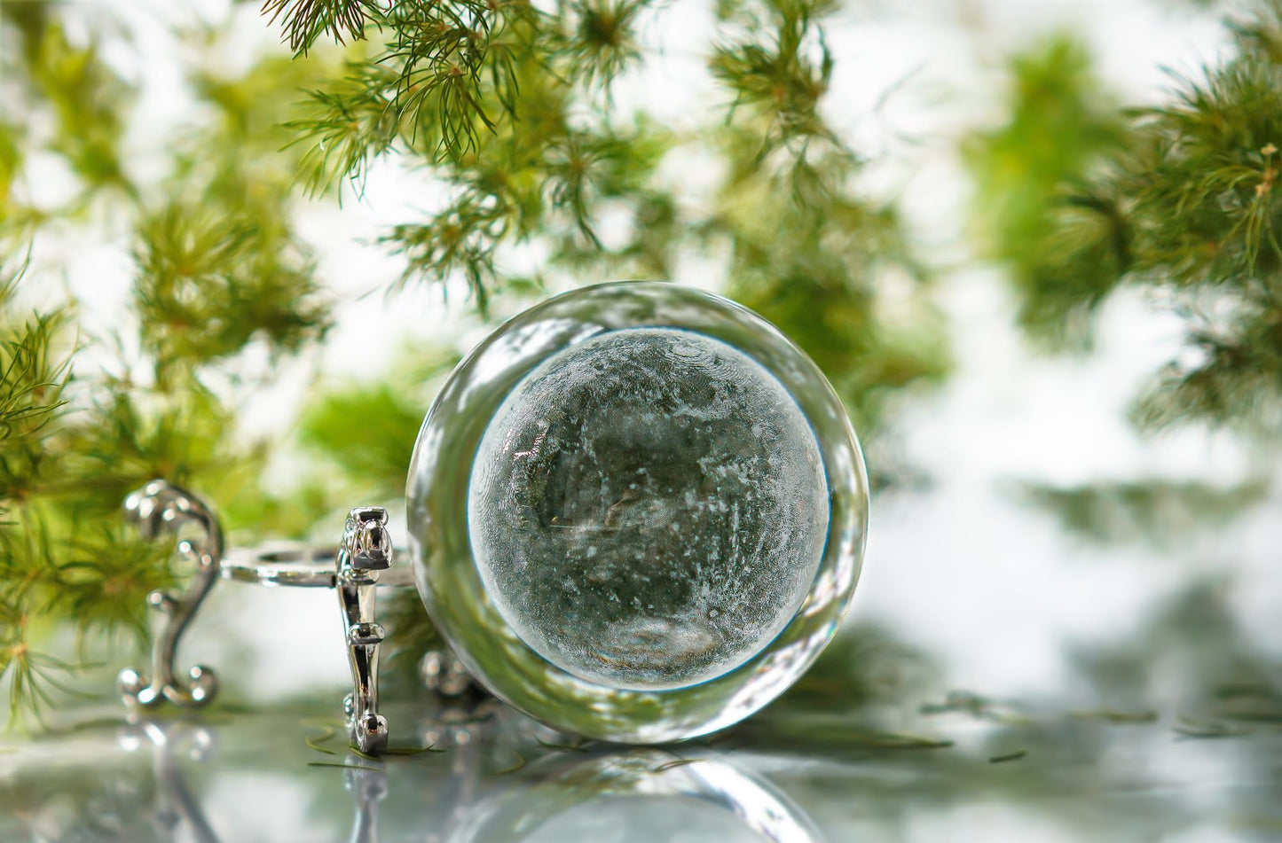 H&D HYALINE & DORA 70mm (2.75 Inch) 3D Laser Moon Crystal Glass Ball Paperweight with Metal Stand Home Decoration Collectible Gift