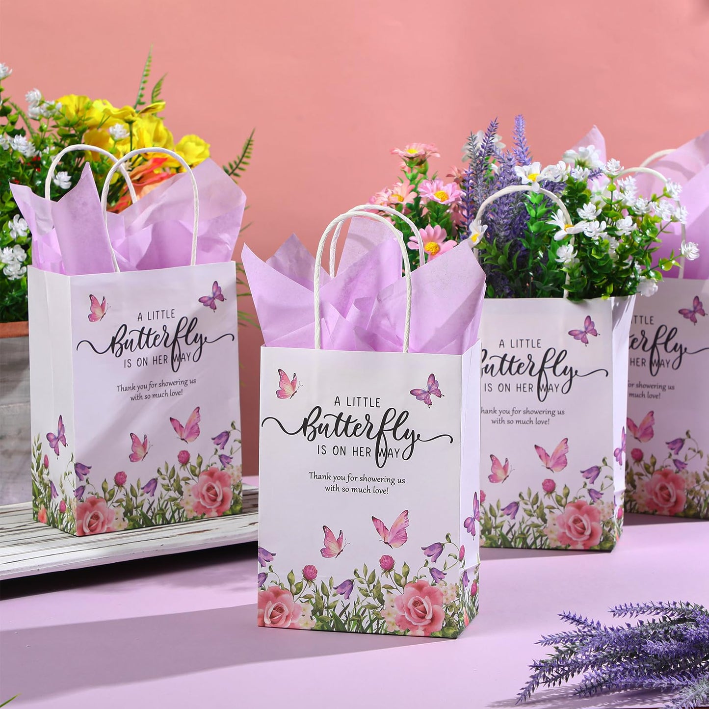 Engrowtic 50 Set Butterfly Baby Shower Party Gift Bags a Little Butterfly Is on Her Way Party Favors Purple Pink Floral Gift Bags with Handles for 50 Guests for Baby Shower Birthday Decorations