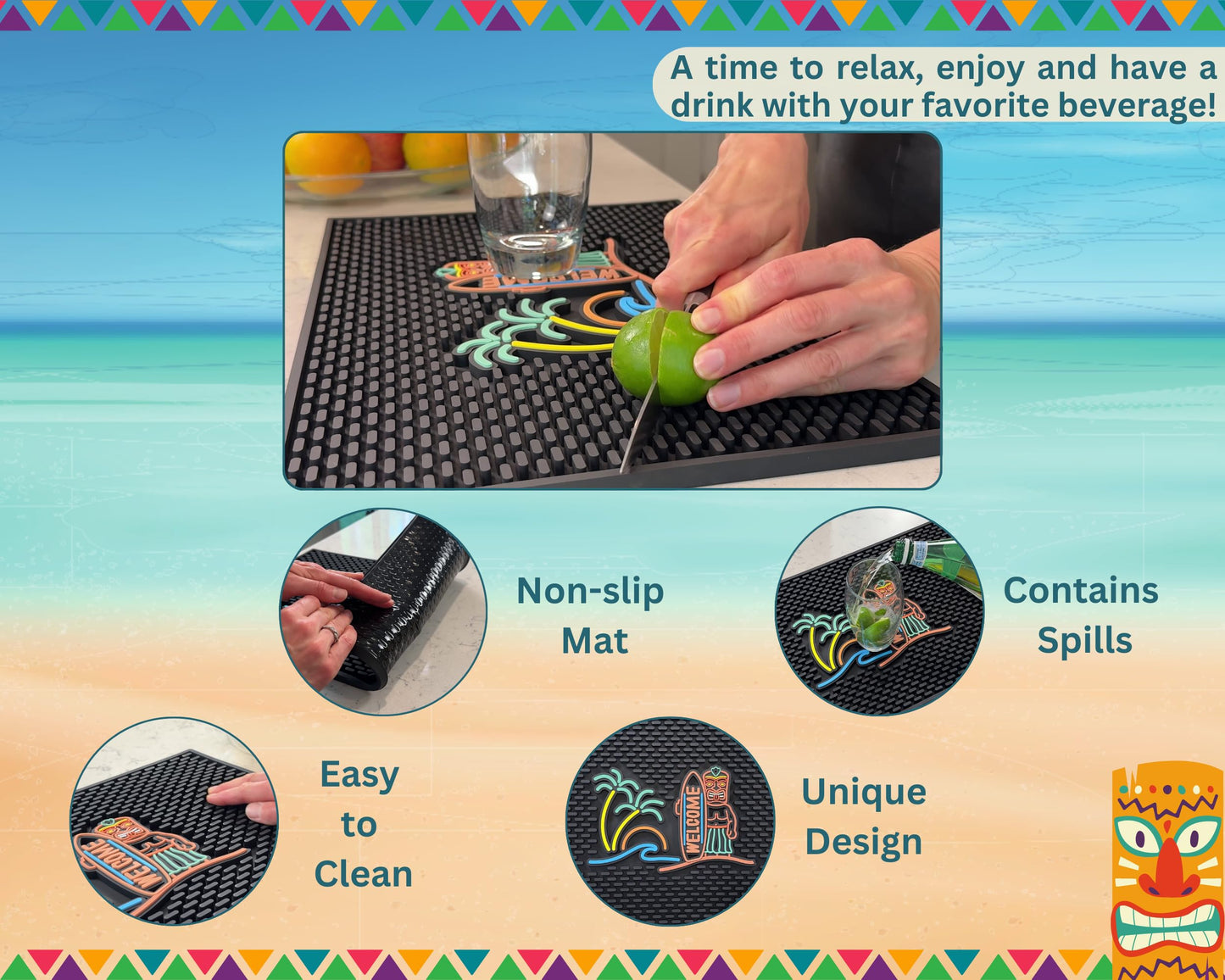 Welcome Tiki Bar Mat 18x12 in, Silicone Tiki Decor, Surfboard Welcome Sign Greeting, Tropical Home Accessories, Luau Party Decorations, Host Gift, Bar Cart Decor