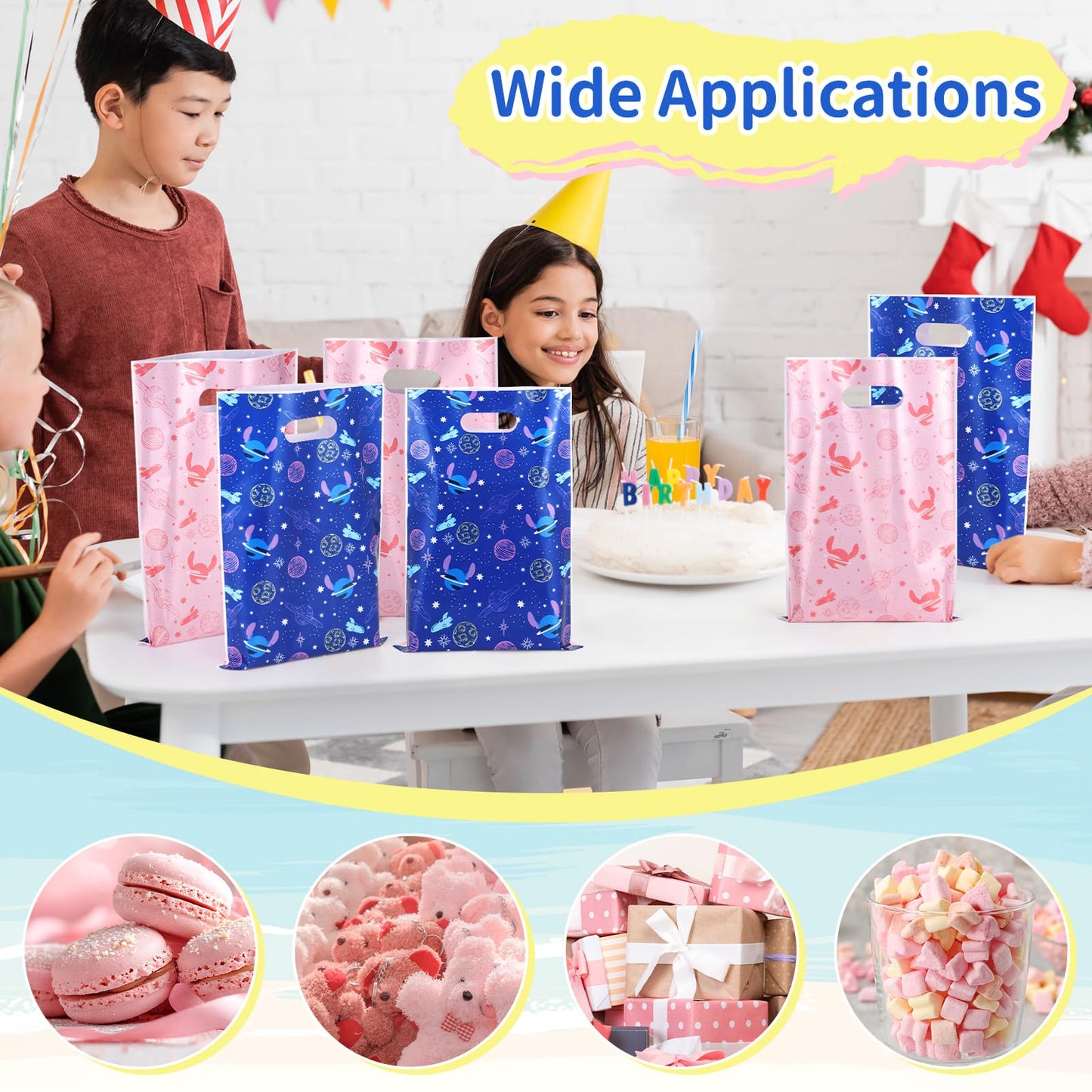 Czlotyh 50 PCS Cartoon Themed Party Favor Bags Plastic Birthday Goodie Bags Blue Pink Candy Bags for Holiday Birthday Party Gift Giving Decorations