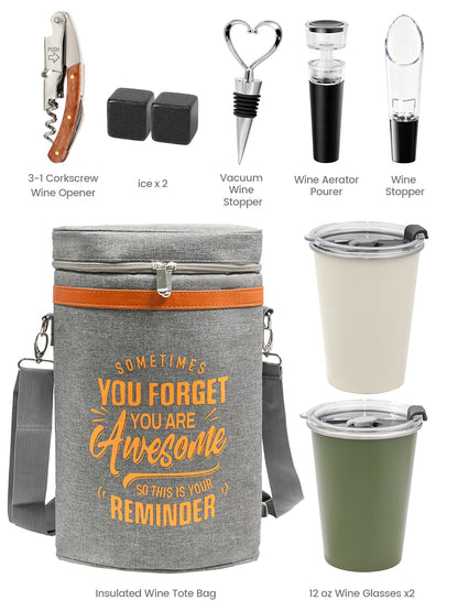 Wine Cooler Bag Gift Set with 2 Tumblers, Insulated Portable Wine Carrier Holds 2 Bottles, Perfect for Outdoor Use, Ideal Easter Birthday Anniversary Gift for Women & Men Wine Lovers