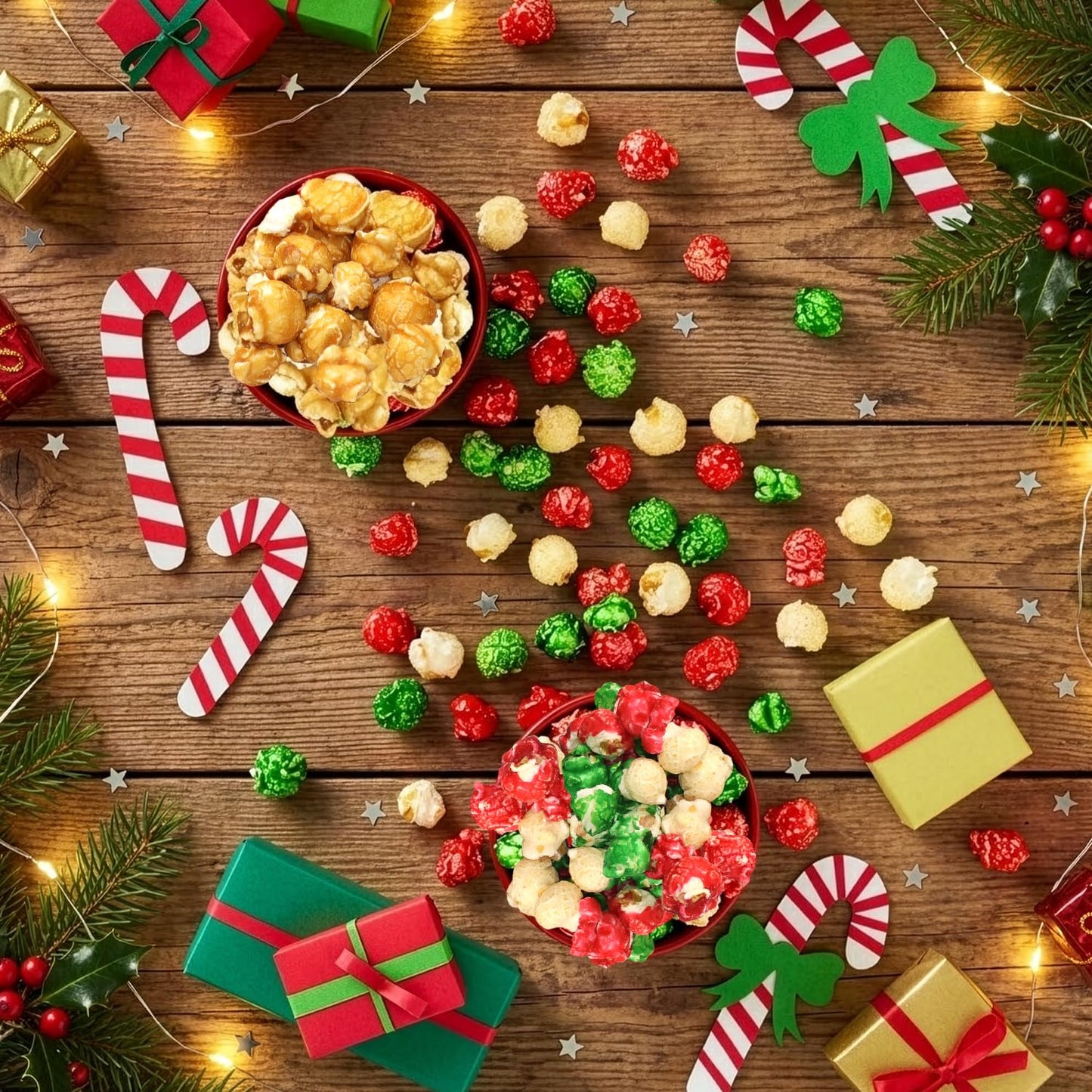 Bulk Gourmet Kettle Popcorn Candy Coated & Caramel with Sea Salt Christmas Gift Box - 2 Bag Holiday Popcorn Variety Pack (28 oz Total) Sweet & Salty Christmas Snacks for Movie Nights & Treats