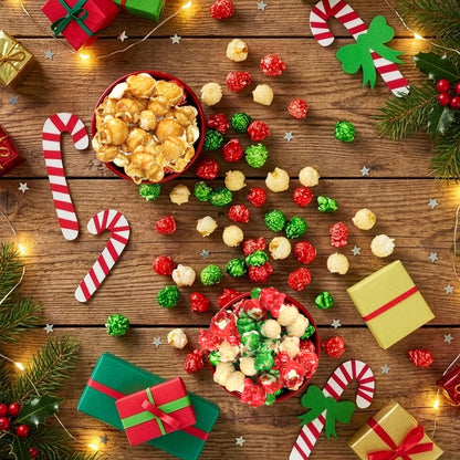 Bulk Gourmet Kettle Popcorn Candy Coated & Caramel with Sea Salt Christmas Gift Box - 2 Bag Holiday Popcorn Variety Pack (28 oz Total) Sweet & Salty Christmas Snacks for Movie Nights & Treats