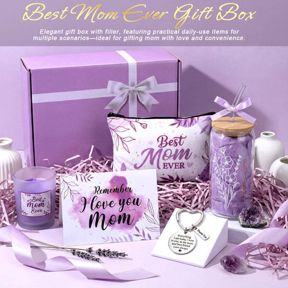 Bokon 6 Pcs Birthday Gifts for Mom Best Mom Ever Gifts Box Set with 16oz Glass Cup Scented Candle Makeup Bag from Daughter Son for Wife Mother Day Party(Purple)