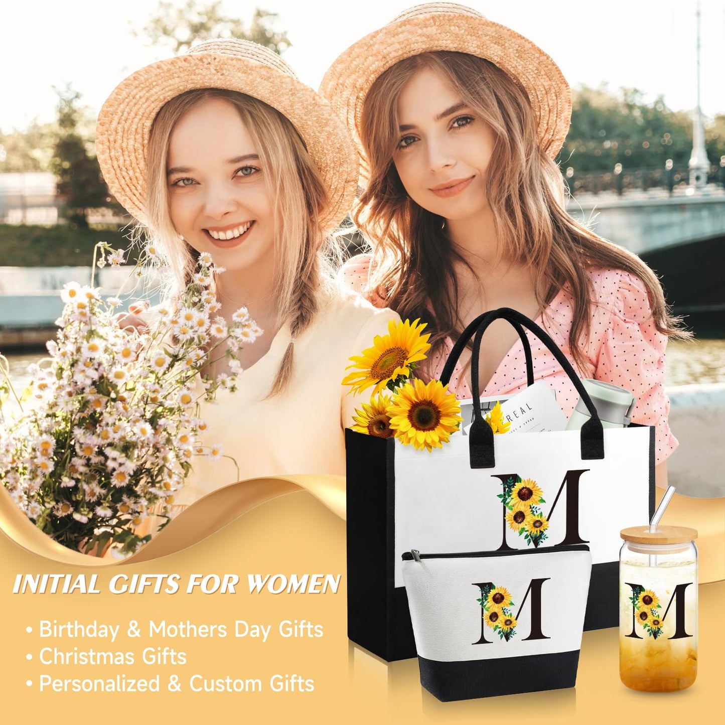 Personalized Gifts for Women, Monogrammed Gifts for Women, Initial Monogram Sunflower Birthday Mothers Day Gift for Mom Sister Best Friends - Monogrammed Canvas Tote Bag & Makeup Bag & Glass Cup M