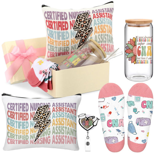 Skylety 5 Pcs CNA Gifts for Women Certified Nursing Assistant Gift 16 oz Glass Cup Socks Cosmetic Bag Badge Reel CNA Week Appreciation Gifts Box for Nursing Student Graduation Retirement Birthday