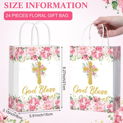 Marspark 24 Pcs Baptism Gift Bags for Guests First Communions Cross Floral Paper Gift Bags with Handles God Bless Religious Treat Paper Christian Party Supplies for Christenings Baptism Wedding