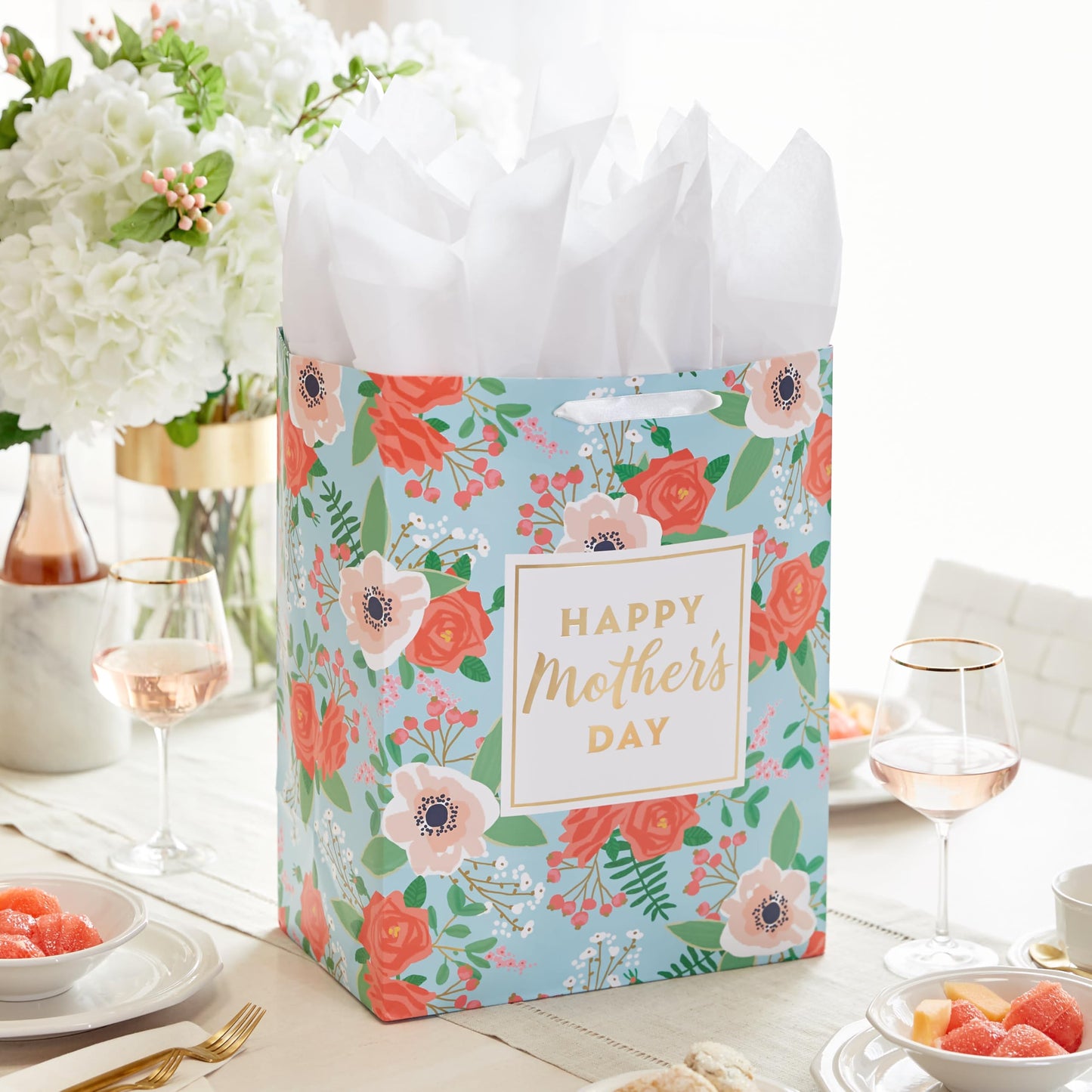 Hallmark 17" Extra Large Mother's Day Gift Bag with Tissue Paper (Red Roses, Green Foliage, Bright Blue) for Mom, Grandma, Nana, New Mother