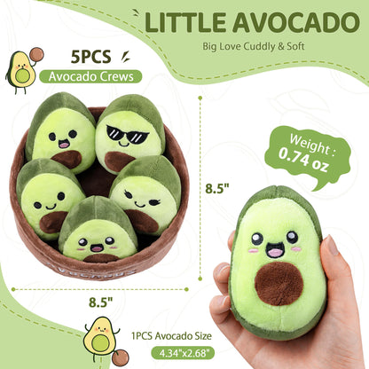 Emotional Support Plush Avocados, Squishy Stuffed Animals and Plushies Set, Includes 5 Emotional Support Food Plushies with Carrying Basket, Cute Stuff and Great Gifts for Women Men