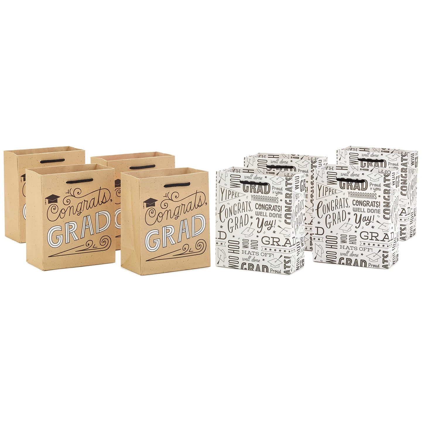 Hallmark 6" Small Graduation Gift Bag Bundle (8 Bags, 2 Designs: Kraft Congrats, Grad, Black and White) for High School Graduates, Preschool, Kindergarten, College, Open House Party Favors