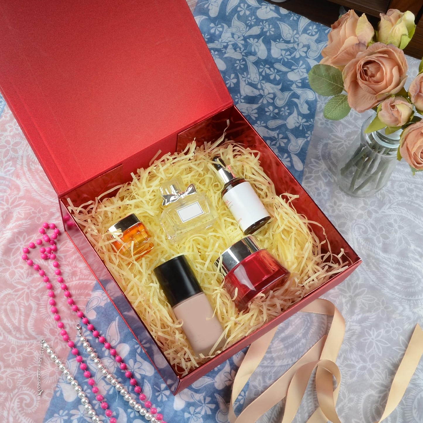 LumyHavver Gift Box 9.65x9.65x3.6 Inches, Red with Magnetic Lid, Collapsible with Ribbon, Raffia Grass, Card, for Birthdays, Christmas, or Parties, Gift Packaging