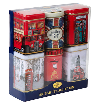 New English Teas British Icons 6x Tea Tin Gift Pack with 140g Loose English Tea - Union Jack, London Bus and Phone Box, UK Souvenir