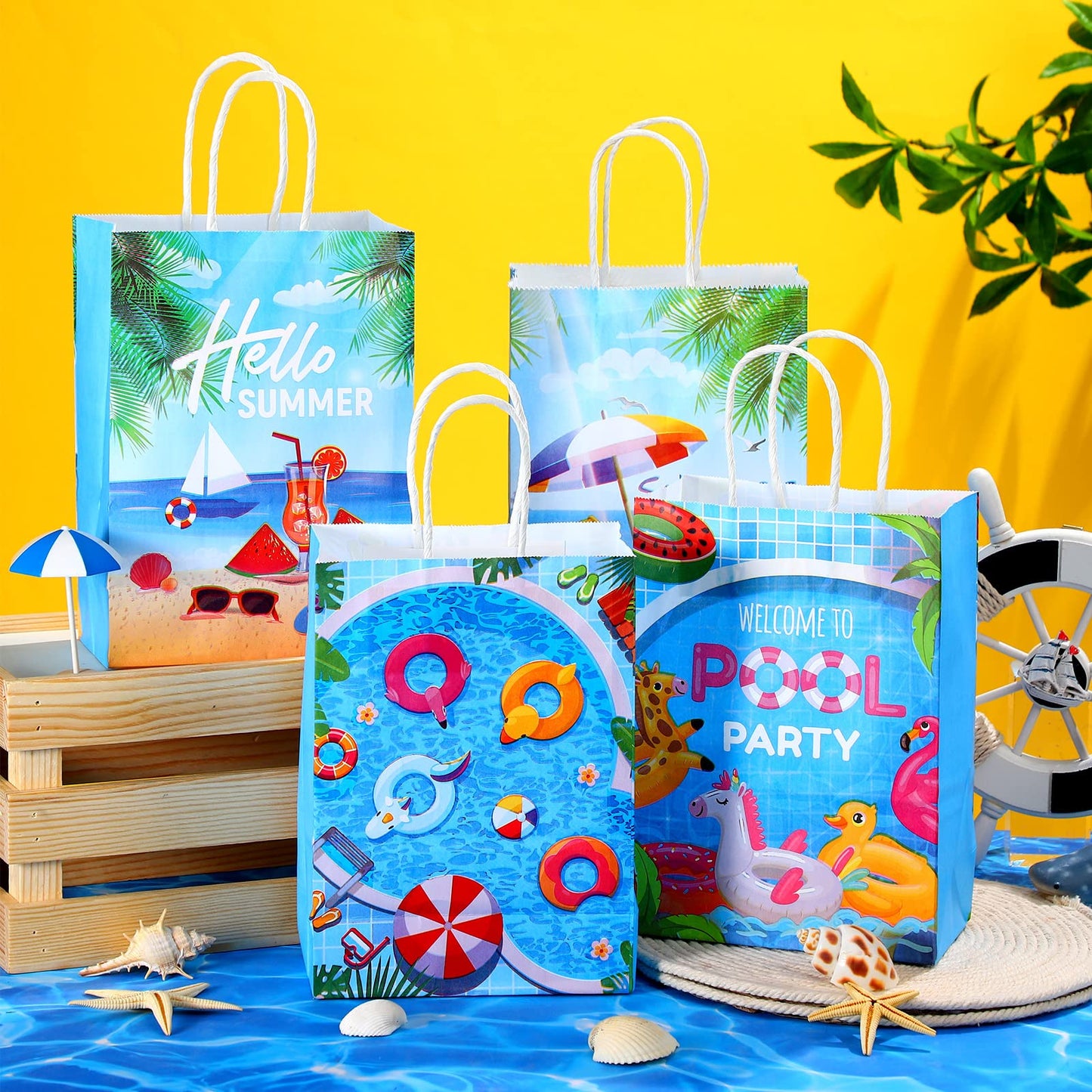Outus 24 Pieces Summer Pool Party Favors Bags Beach Gift Goodie Paper Bags with Handles Beach Swimming Pool Candy Treat Pouch for Summer Hawaiian Luau Birthday Holiday Party Supplies