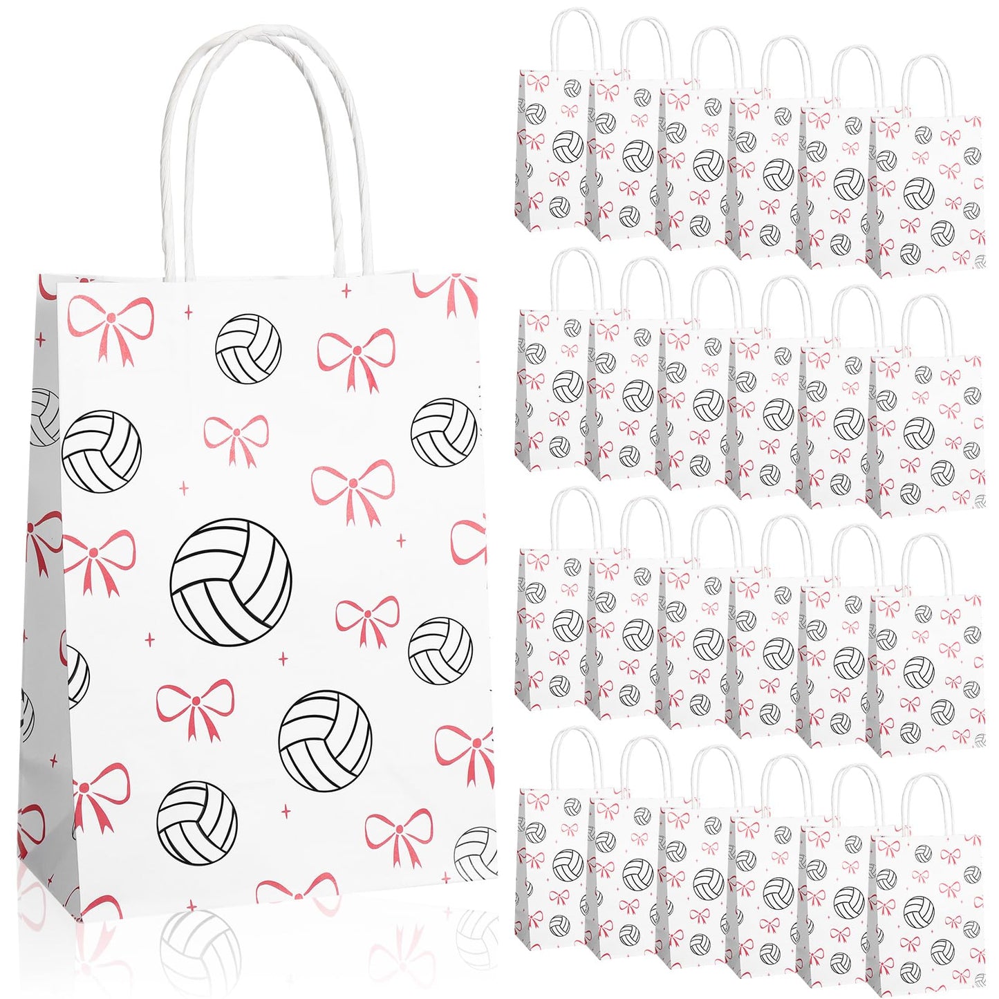 Spiareal 24 Pcs Volleyball Paper Gift Bags with Handles, Volleyball Party Favors Snack Goodies Pink Bow Bags for Team Sport Birthday Themed Party for Decorations, Game Celebration