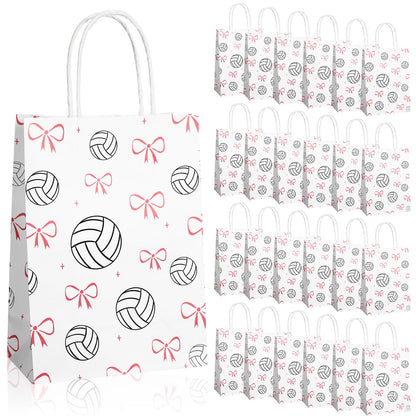 Spiareal 24 Pcs Volleyball Paper Gift Bags with Handles, Volleyball Party Favors Snack Goodies Pink Bow Bags for Team Sport Birthday Themed Party for Decorations, Game Celebration