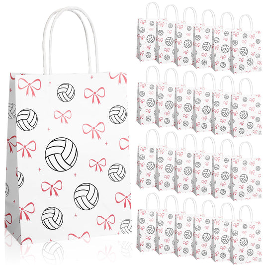 Spiareal 24 Pcs Volleyball Paper Gift Bags with Handles, Volleyball Party Favors Snack Goodies Pink Bow Bags for Team Sport Birthday Themed Party for Decorations, Game Celebration