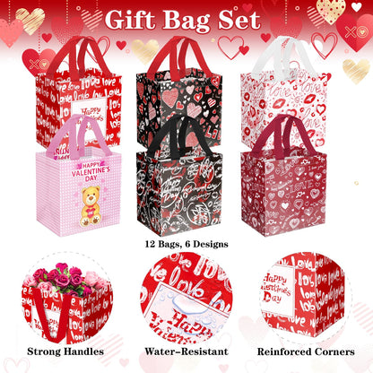JWSCYSY 12Pack Happy Valentine's Day Reusable Tote Bags, Non-Woven Valentines Gift Bags with Handles for Valentine Party Favor, Gift Wrapping.