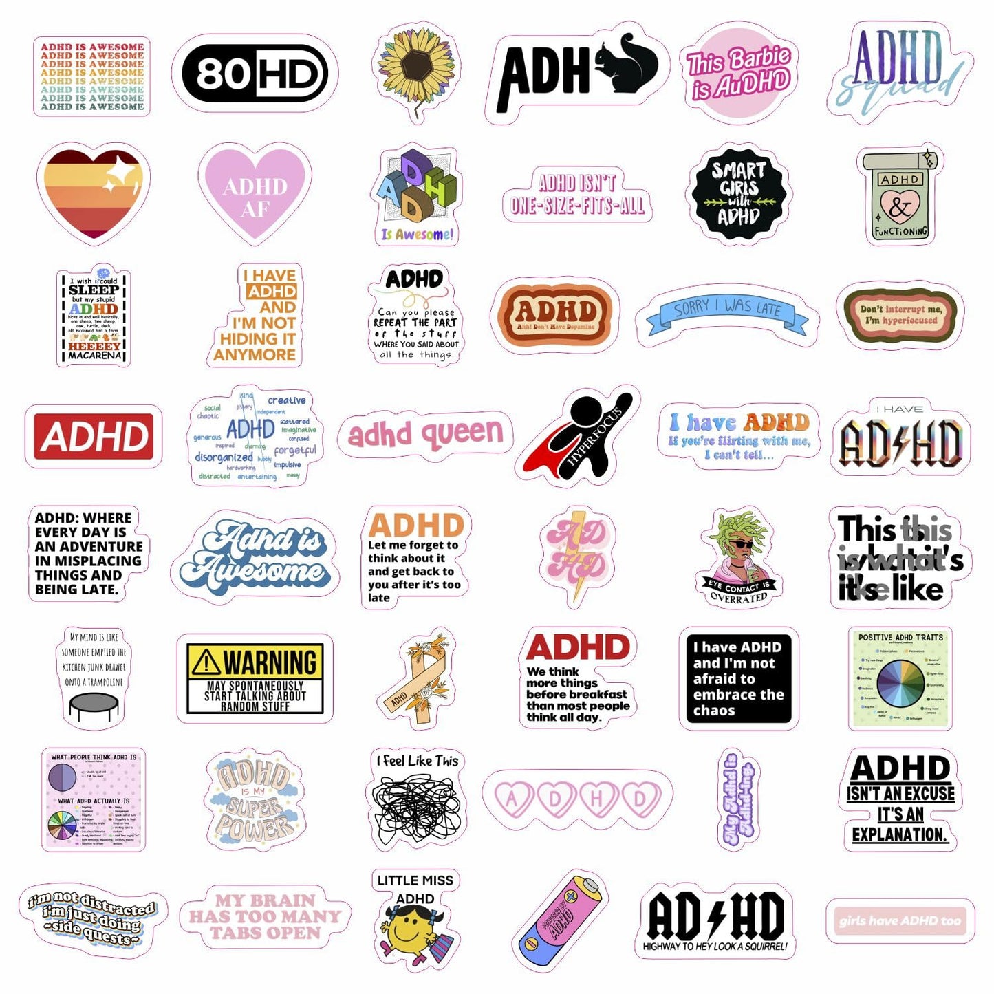 BulbaCraft 100Pcs Funny ADHD Stickers for Water Bottles, Laptops - ADHD Gifts for Adults, Gifts for Women & Men