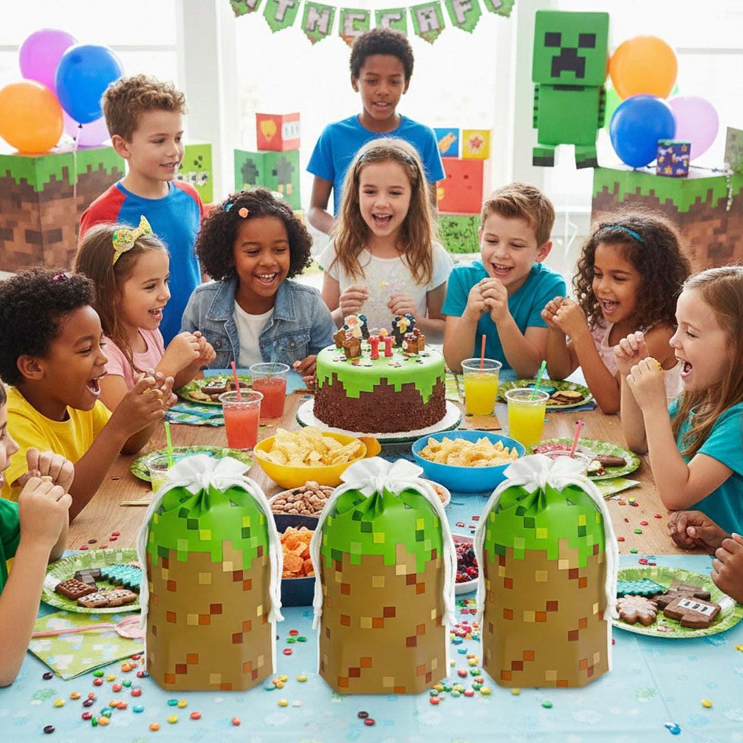 48Pcs 7 x 10Inch Pixel Miner Favor Bags Pixel Themed Treat Goodie Bags for Birthday Party Supplies Video Game Party Candy Bag for Kids