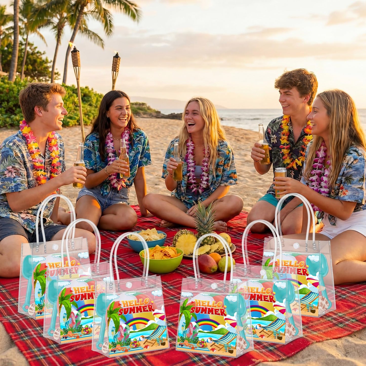 Aliceset 24 Pcs Hello Summer Clear Gift Bags Bulk with Handle, PVC Summer Party Favor Bag Reusable Transparent Goodie Bags for Beach , Pool Parties, Picnics & Outdoor Events, 6.31"x 5.91"x 3.15"