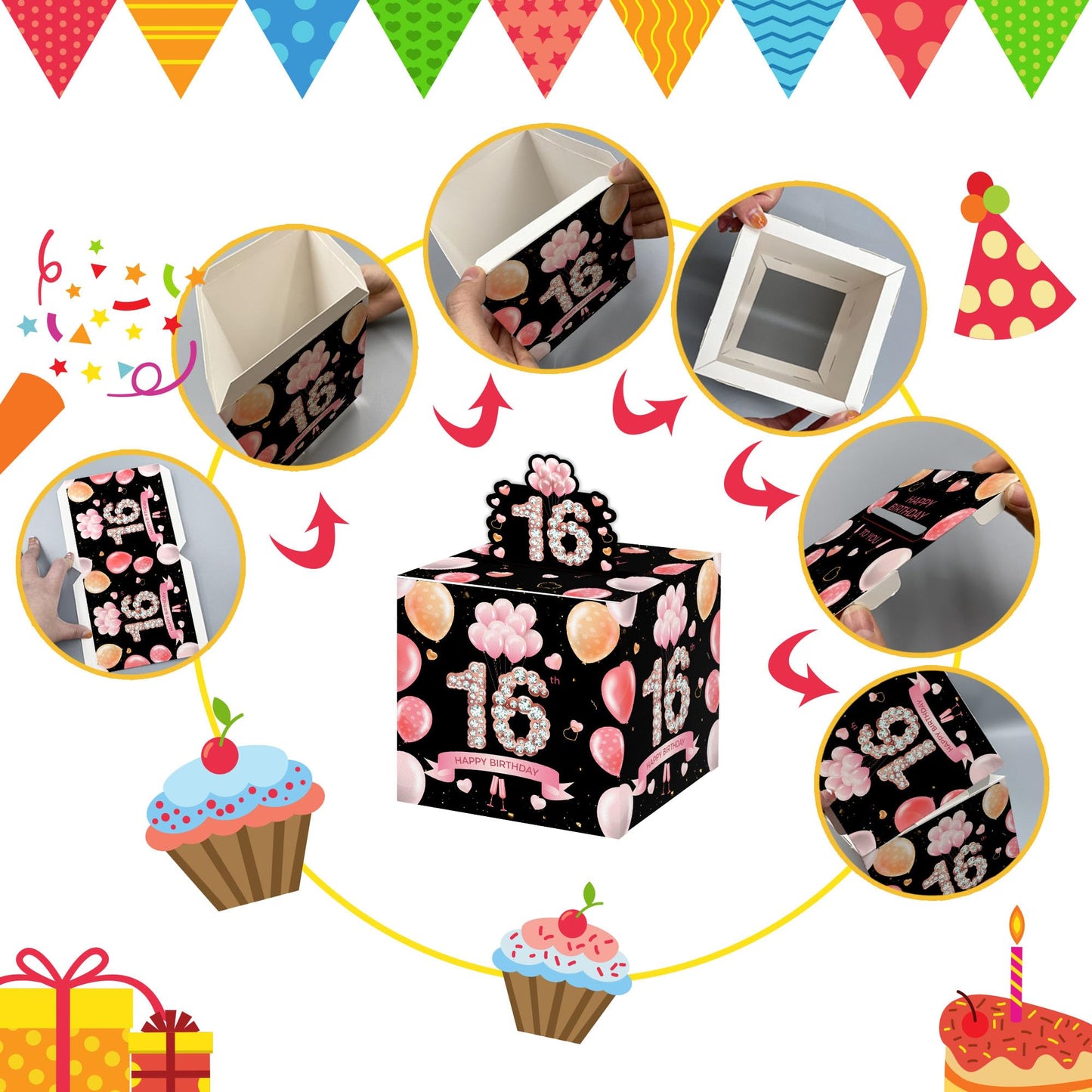Happy 16th Birthday Money Box for Cash Gift, Pink Gold Surprise Birthday Gift Set, Birthday Surprise Box for Kids Boys Girls, - Fun and Loving Way to Offer Cash Gift(with 35PCS Bags)