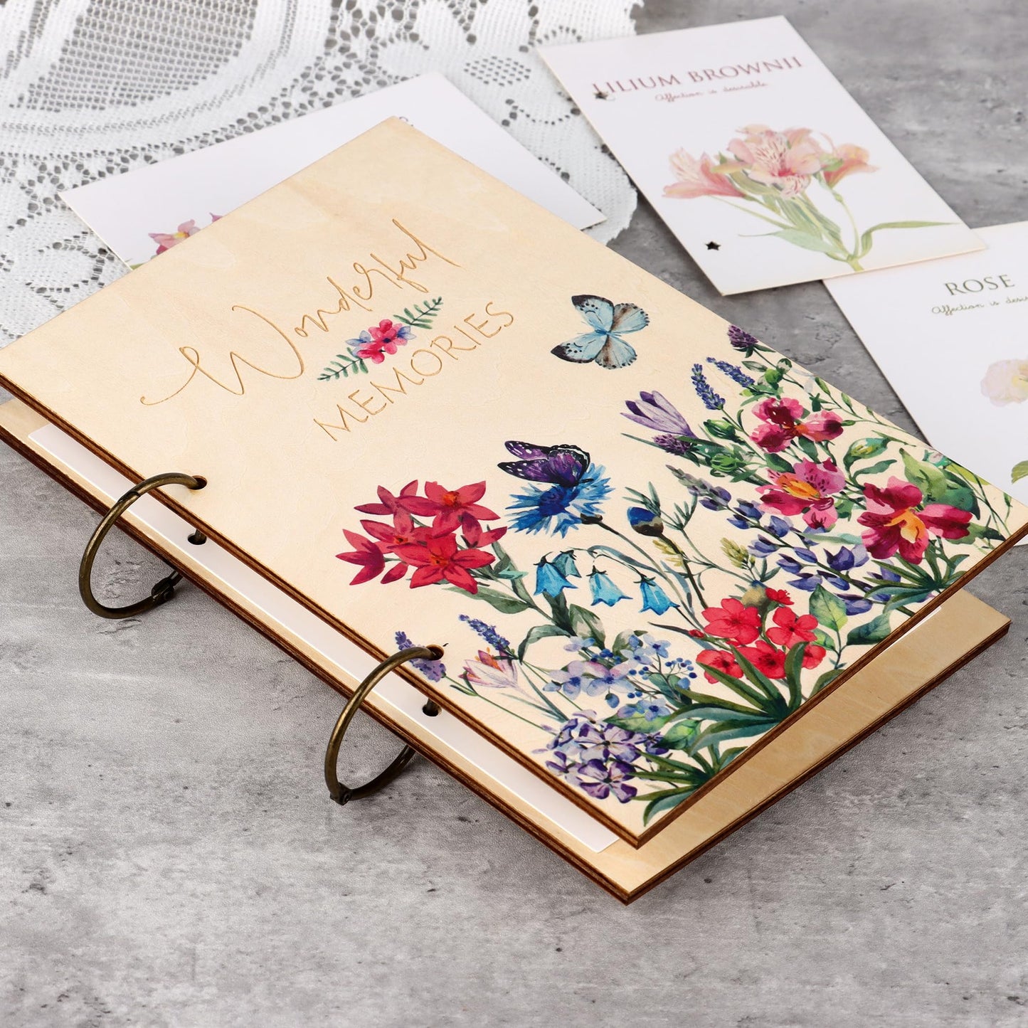 Giiffu Greeting Card Organizer – Wonderful Memories Wooden Floral Card Keeper & Album, Wood Book or Binder for Cards Keepsakes, Personalized Gift for Wedding, Birthday, Anniversaries, Holiday